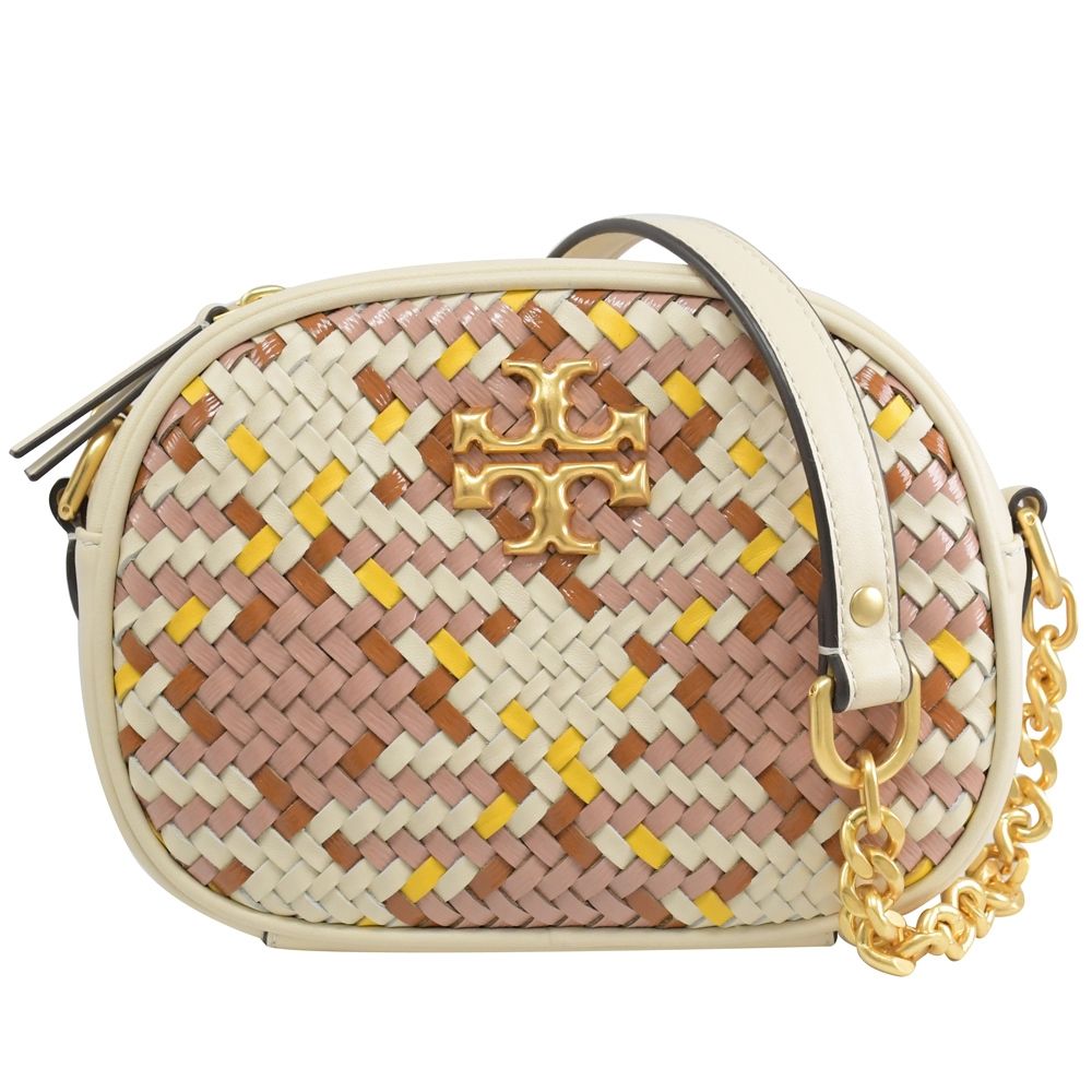 TORY BURCH  KIRA 撞色編織造型斜背相機包.白邊