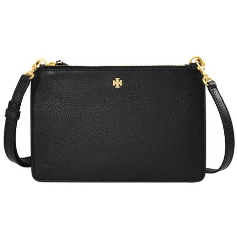 TORY BURCH 87989 荔枝皮革雙層拉鍊斜背扁包.黑