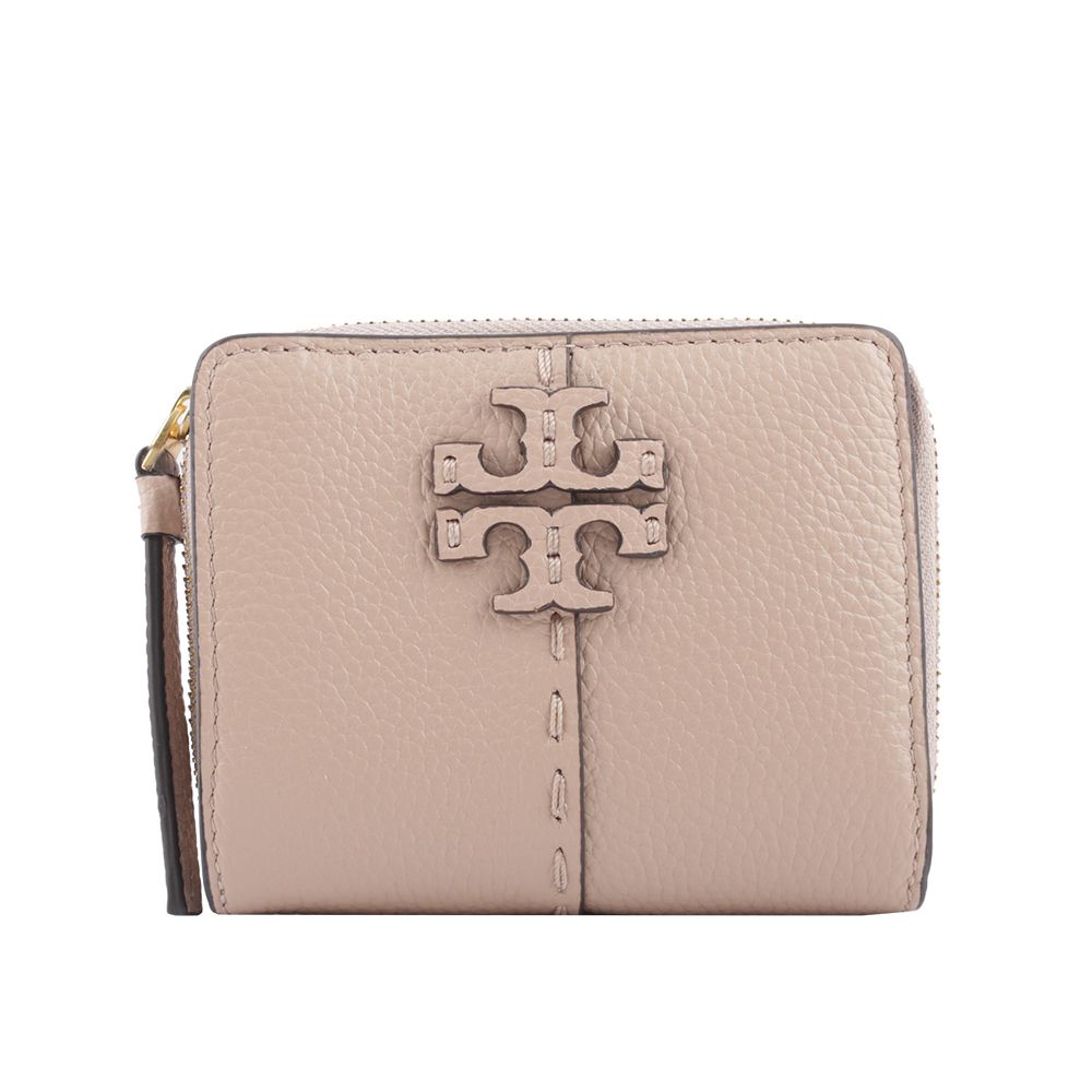 TORY BURCH  McGRAW 牛皮暗釦拉鍊零錢袋短夾(沙色) 64522 927