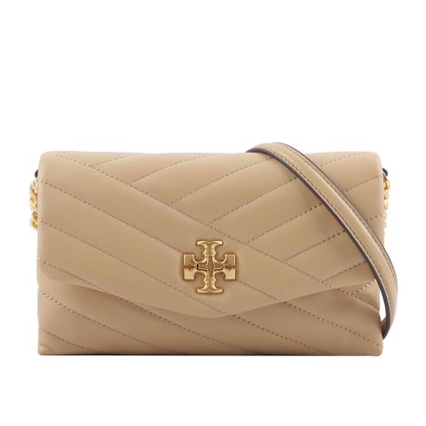 TORY BURCH Kira Chevron 金釦絎縫皮革皮夾式鍊包(沙漠色) 90343 251