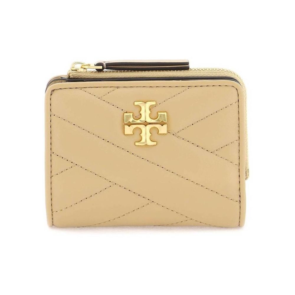 TORY BURCH  Kira 縫線設計金屬LOGO暗釦拉鍊零錢袋短夾(沙漠色)