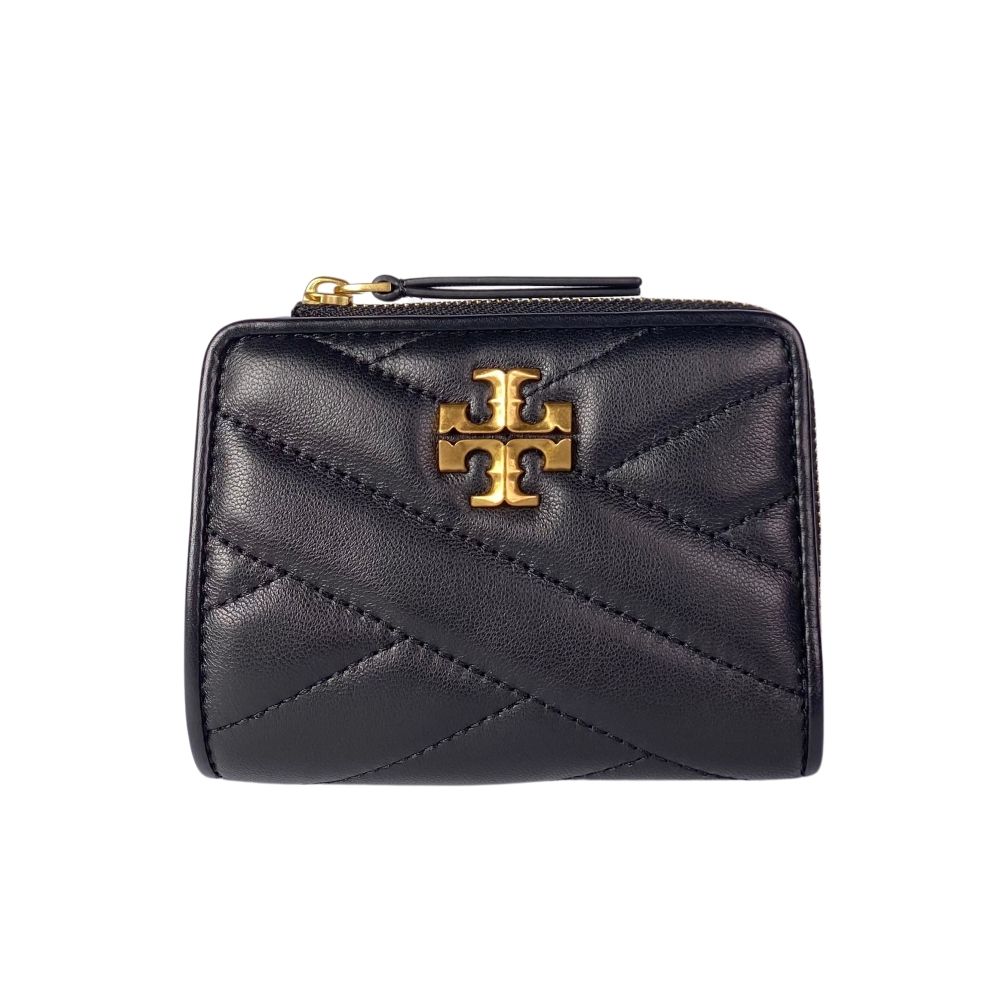 TORY BURCH Kira 縫線設計金屬LOGO暗釦拉鍊零錢袋短夾(黑)