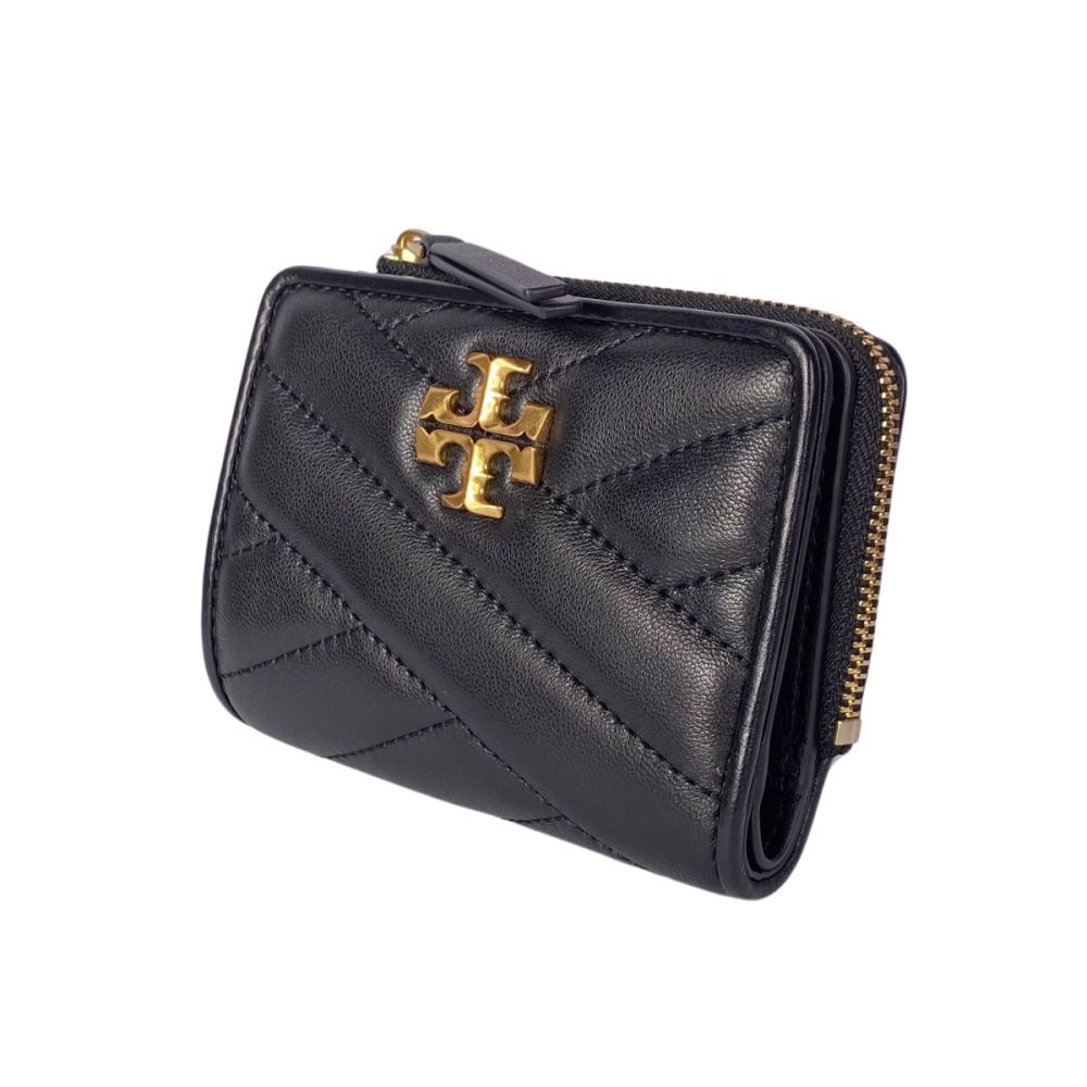 TORY BURCH Kira 縫線設計金屬LOGO暗釦拉鍊零錢袋短夾(黑)