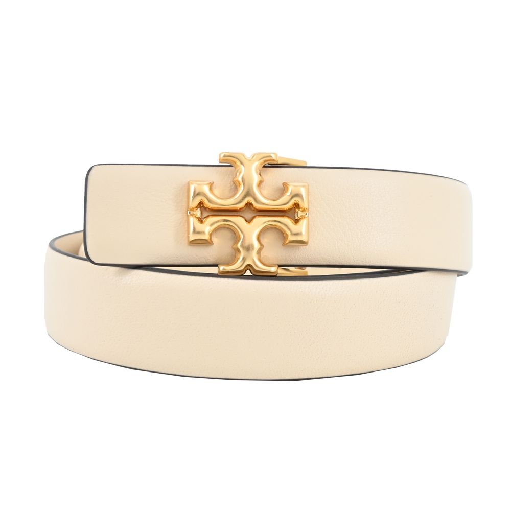  TORY BURCH ELEANOR小牛皮雙T大LOGO皮帶-奶油白