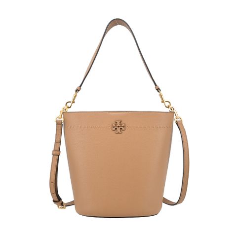 TORY BURCH MCGRAW荔枝紋雙T LOGO手提/斜背水桶包-大/駝