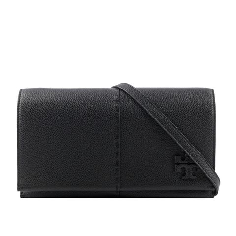 TORY BURCH McGRAW 鵝卵石皮革皮夾式斜背包(黑色) 137247 001