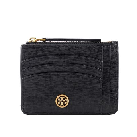 TORY BURCH Robinson 紋理皮革多功能拉鍊卡片夾(黑色) 84071 001