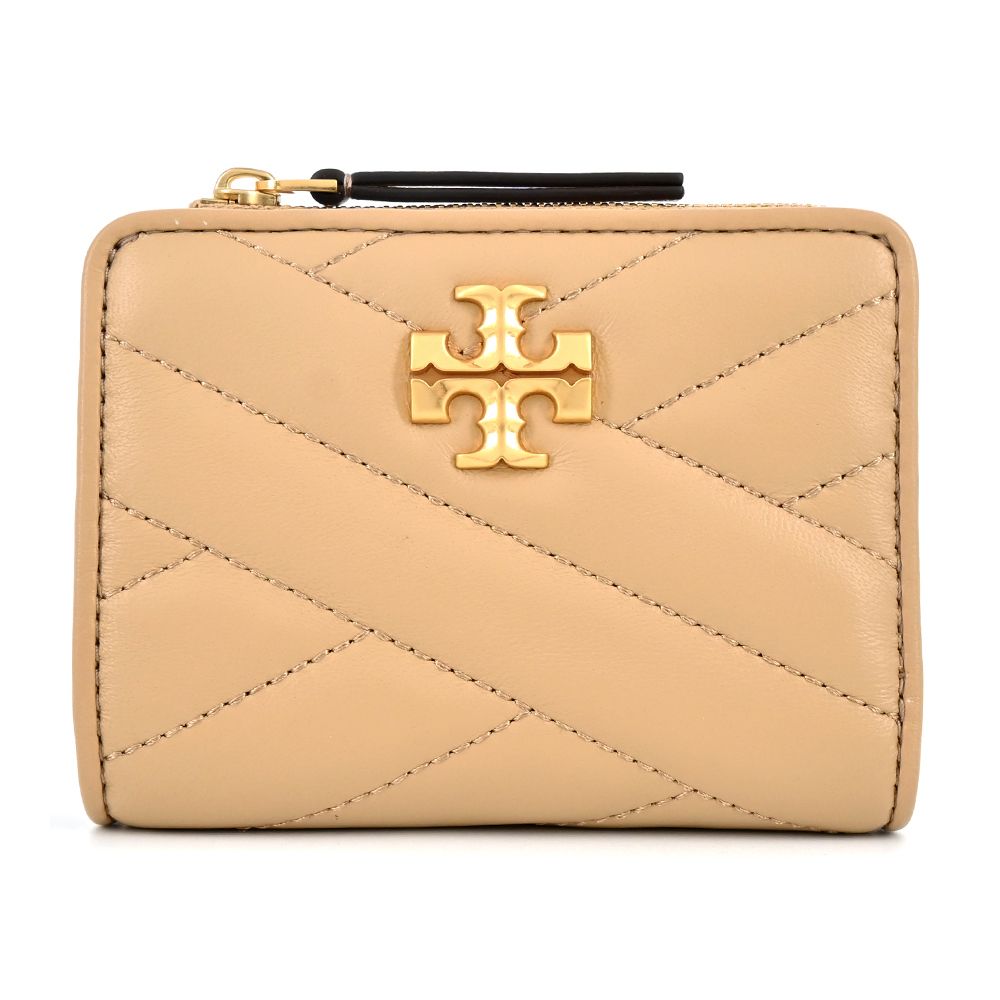  TORY BURCH KIRA 金字LOGO羊皮斜紋拉鍊零錢短夾-奶茶