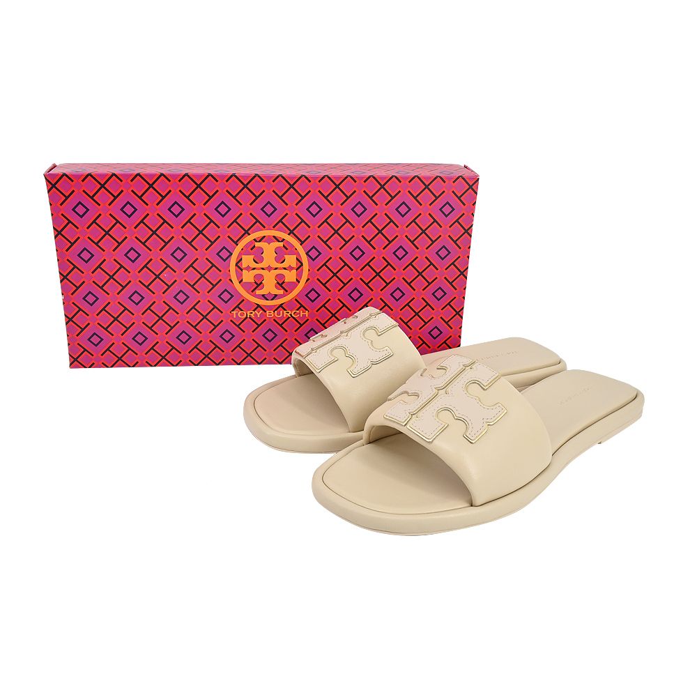  TORY BURCH DOUBLE T皮革拖鞋-白