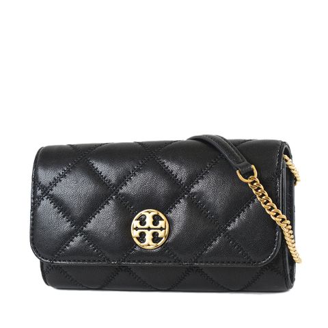 TORY BURCH WILLA 菱格磁釦翻蓋斜背長夾-黑色