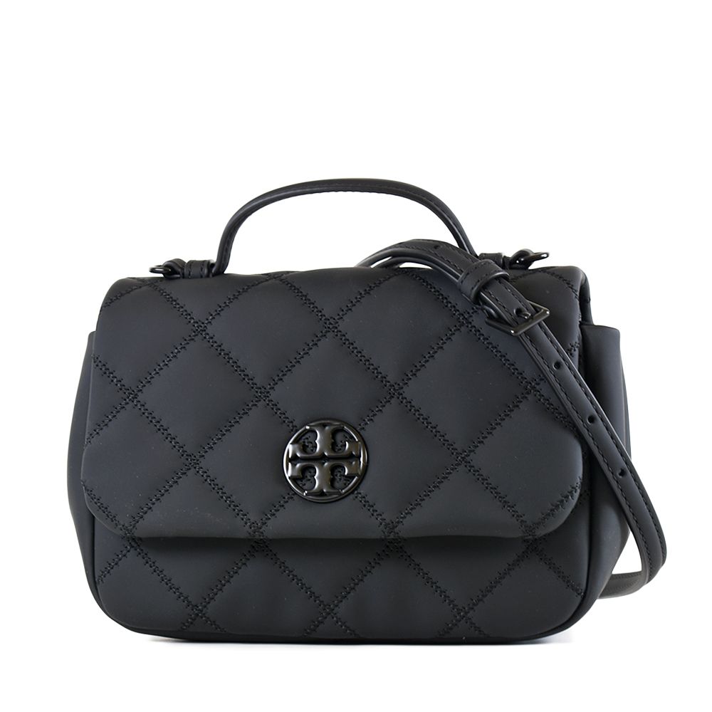 TORY BURCH  WILLA 黑色LOGO菱格紋手提/斜背二用包-霧黑/迷你