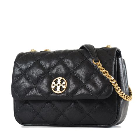 TORY BURCH WILLA 金色LOGO菱格翻蓋肩背/斜背二用包-黑色/小