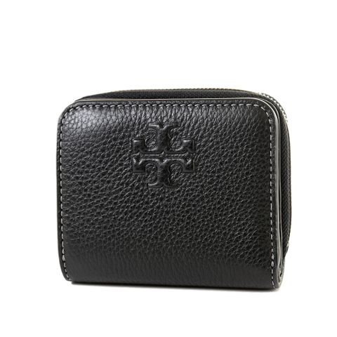 TORY BURCH 荔枝紋浮雕LOGO釦式對開短夾-黑色