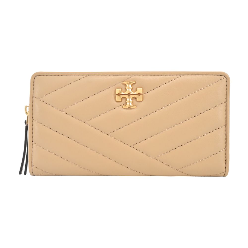  TORY BURCH  KIRA 金屬LOGO皮革拉鍊絎縫長夾-奶茶