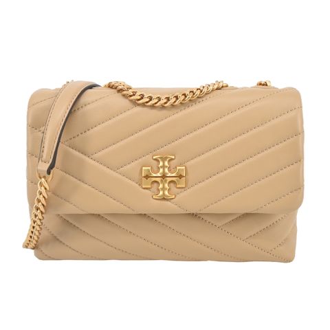 TORY BURCH KIRA 雙T金字LOGO鍊斜紋衍縫翻蓋兩用包-小/奶茶