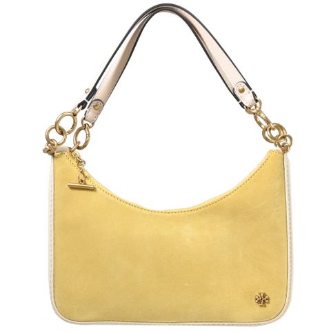 TORY BURCH 90146 絨面皮革拼接肩背半月包.黃/白