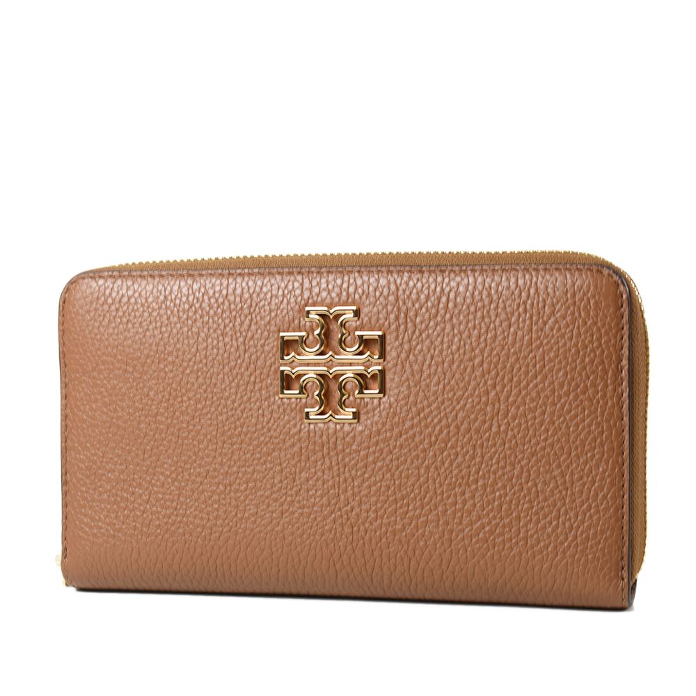 TORY BURCH  BRITTEN 縷空LOGO荔枝紋拉鍊長夾-焦糖色/附證件夾