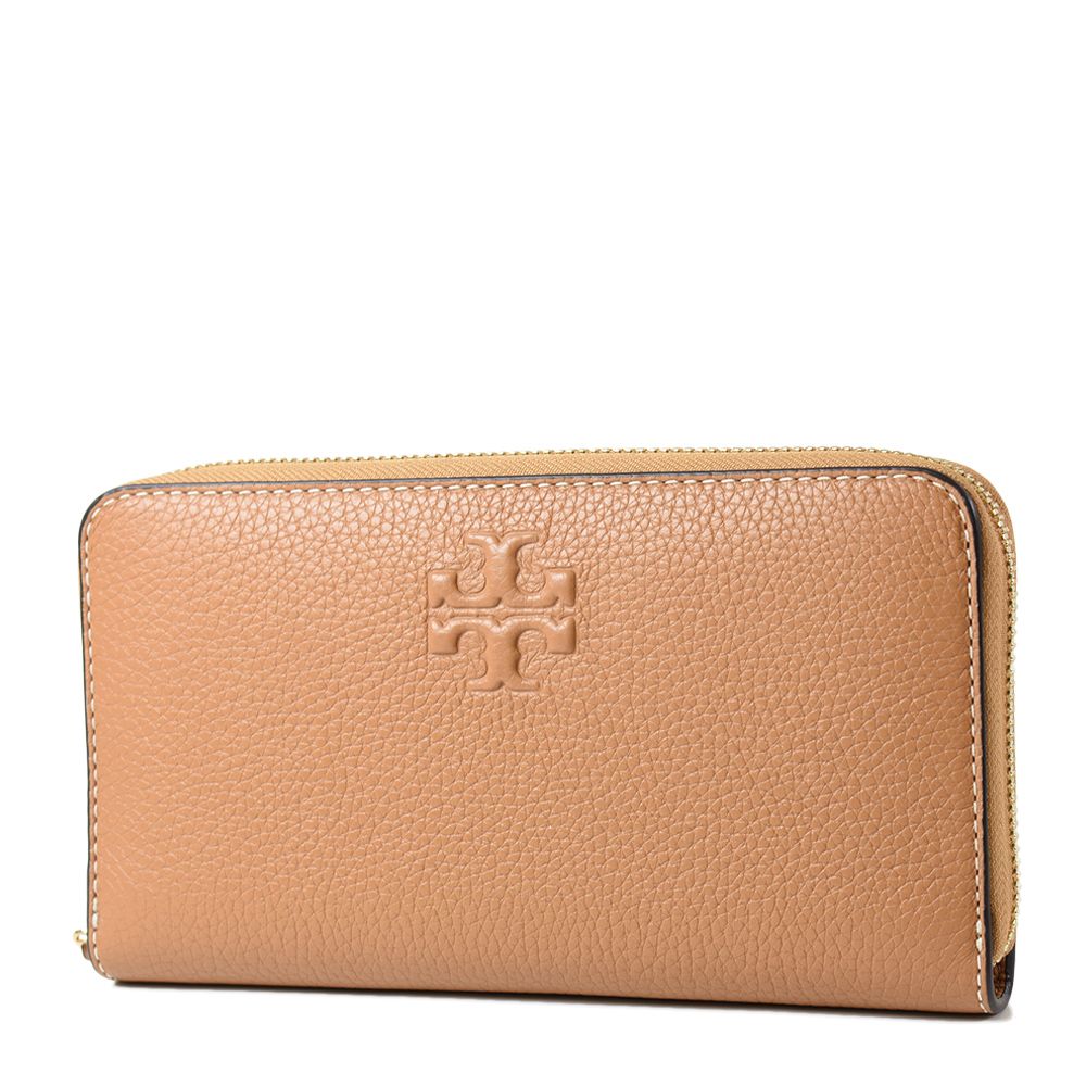 TORY BURCH  THEA 浮雕LOGO荔枝紋拉鍊長夾-棕色/附活動卡夾