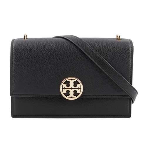 TORY BURCH Miller 荔枝皮革翻蓋肩背/斜背二用包(黑色)