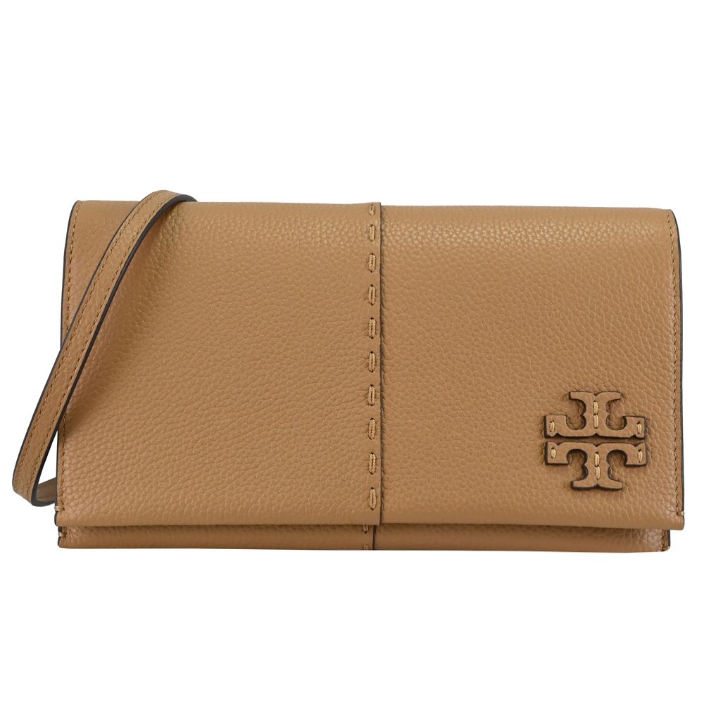 TORY BURCH  經典荔枝皮革多卡斜背扁包.棕色