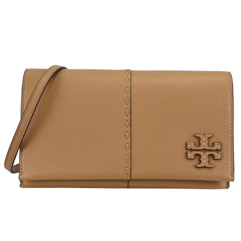 TORY BURCH 經典荔枝皮革多卡斜背扁包.棕色