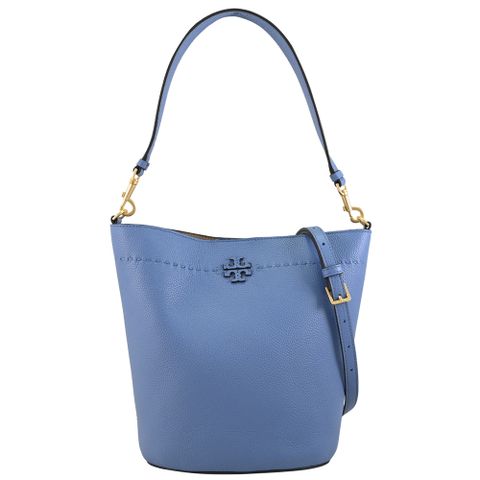 TORY BURCH 經典LOGO荔枝皮革兩用水桶包.藍