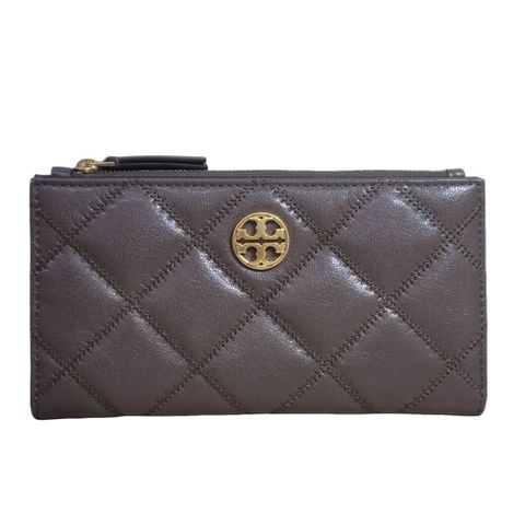 TORY BURCH _ Willa 菱格紋皮革對開釦式長夾可可色(贈原廠紙袋)