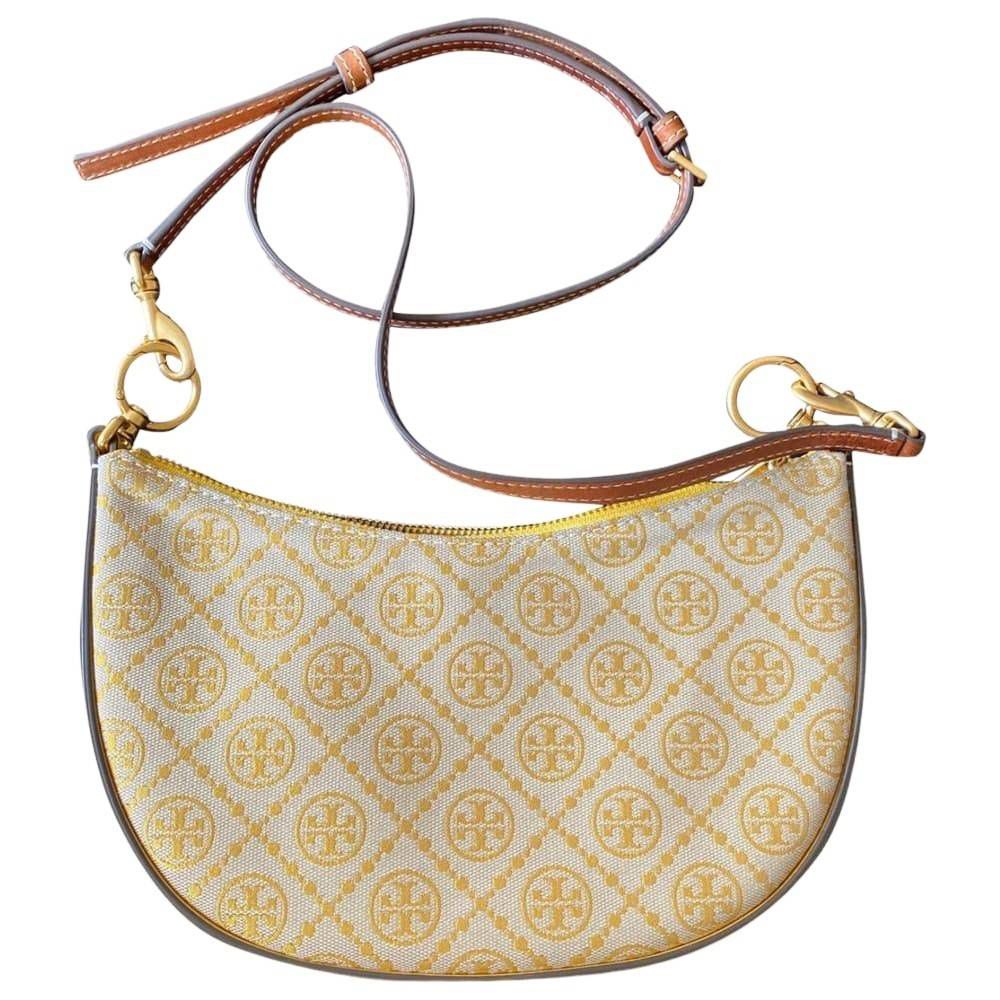 TORY BURCH  專櫃款 T MONOGRAM緹花LOGO織布拉鍊半月包 黃色