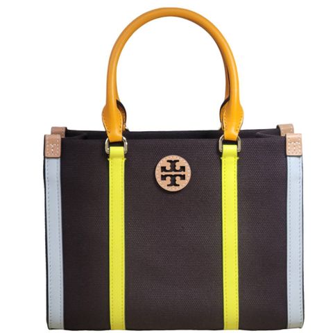 TORY BURCH TB 專櫃新款外縫線LOGO帆布小款托特包拚色手提包/斜背包