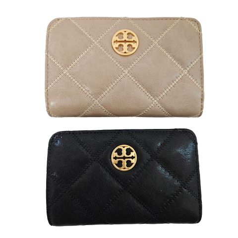 TORY BURCH Willa 菱格紋皮革對開釦式中夾 黑色.奶茶色