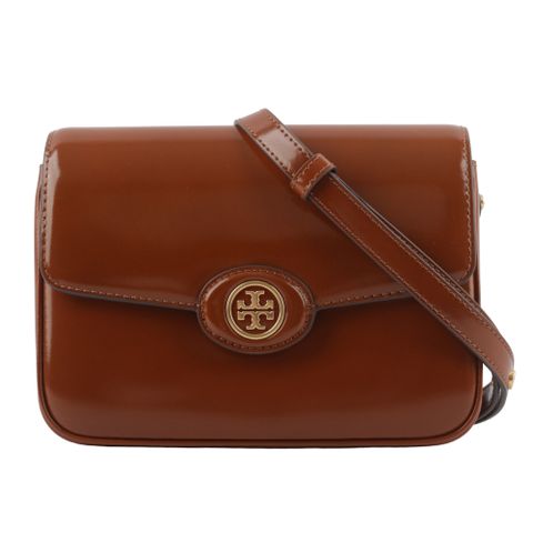 TORY BURCH Robinson 漆皮翻蓋肩背包/斜背包/豆腐包(深赭色)