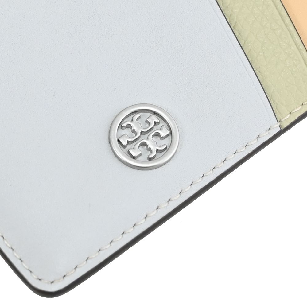 TORY BURCH 撞色皮革拉鍊卡片零錢包.淺灰/綠