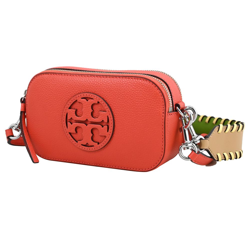 TORY BURCH 經典LOGO雙背帶斜背相機包.橘紅