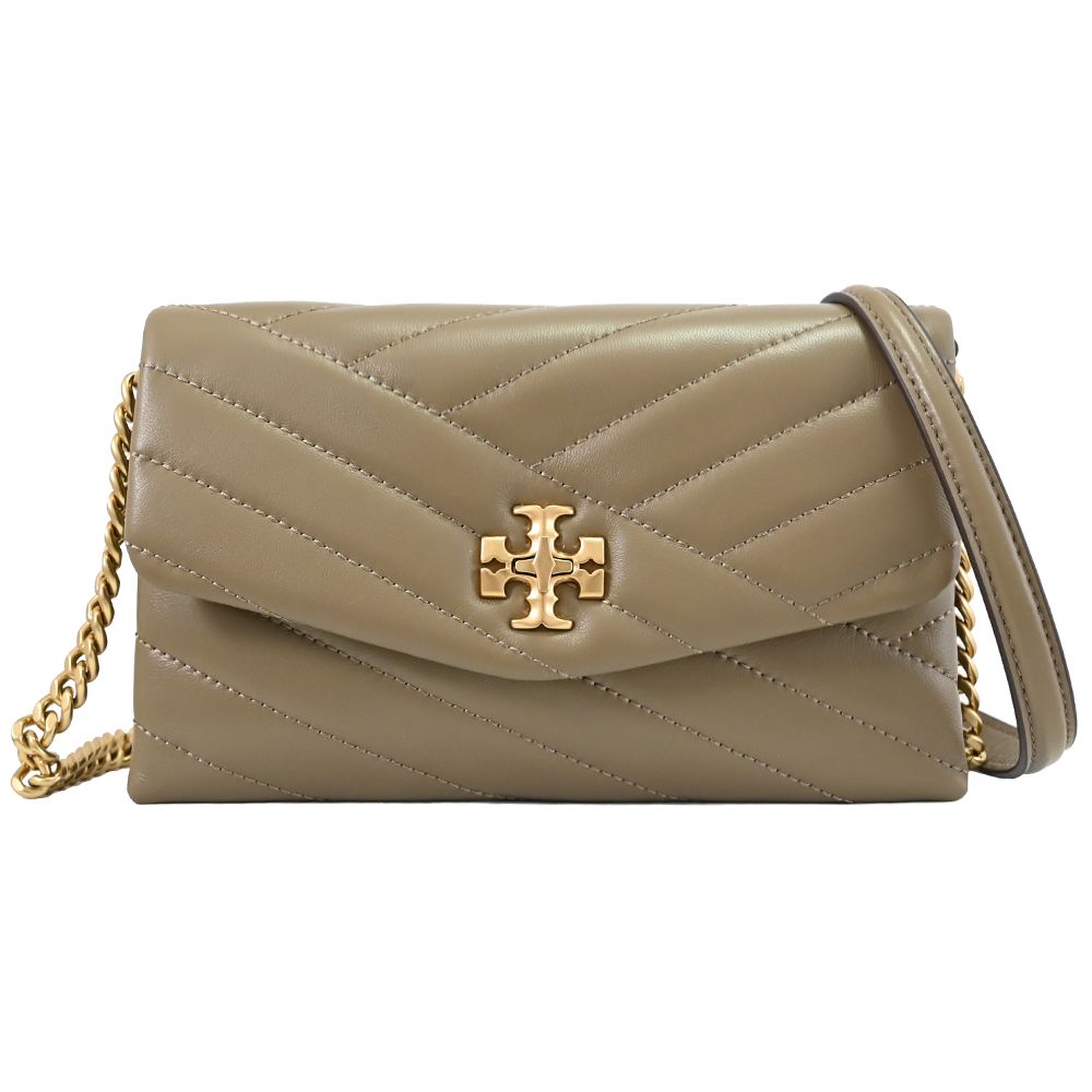 TORY BURCH 經典LOGO絎縫轉釦斜背包.灰棕