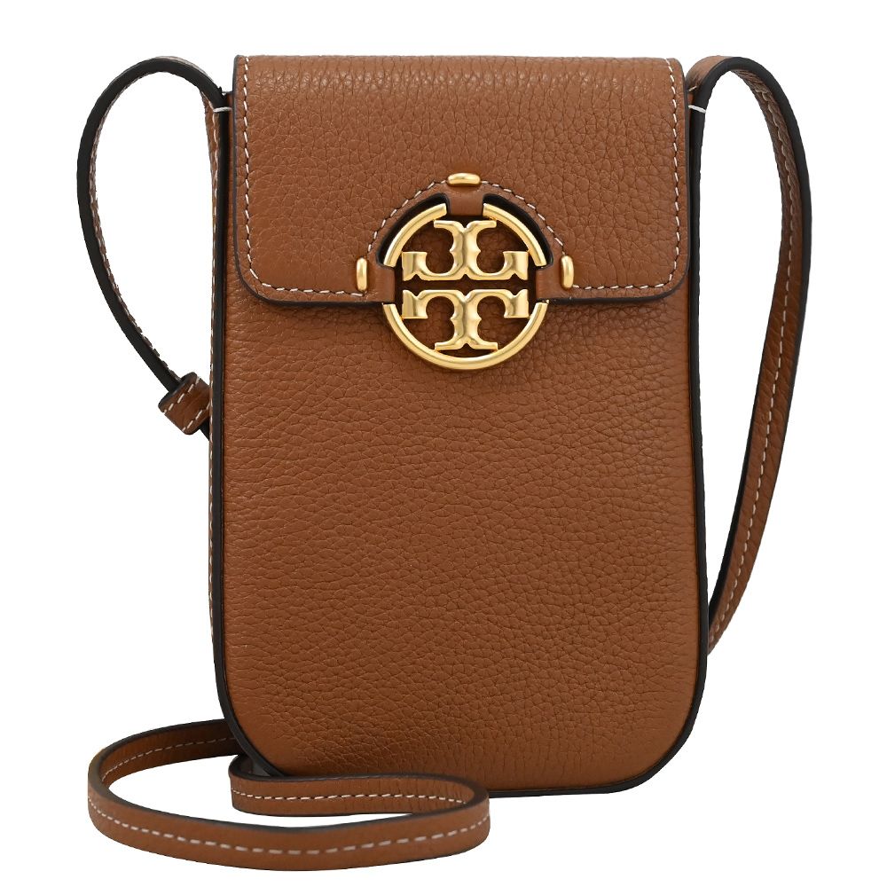 TORY BURCH 金屬LOGO翻蓋斜背手機包.咖