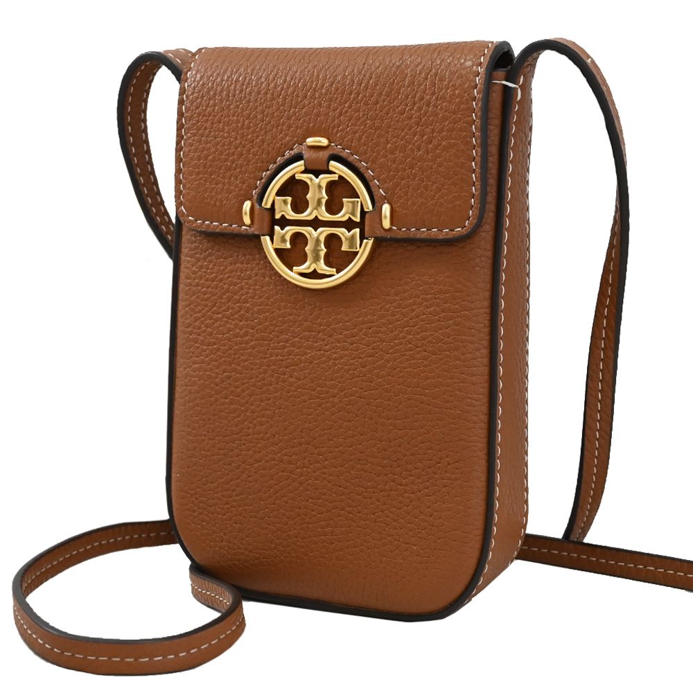 TORY BURCH 金屬LOGO翻蓋斜背手機包.咖