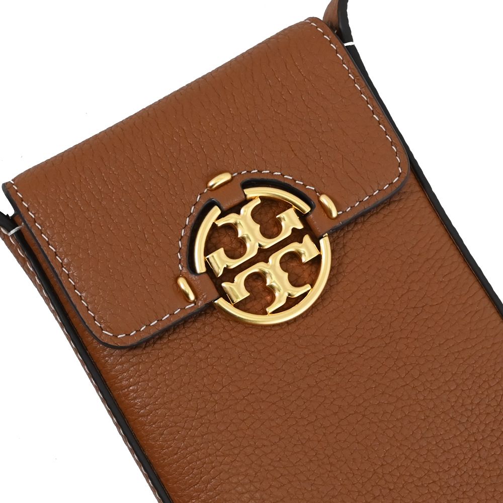 TORY BURCH 金屬LOGO翻蓋斜背手機包.咖