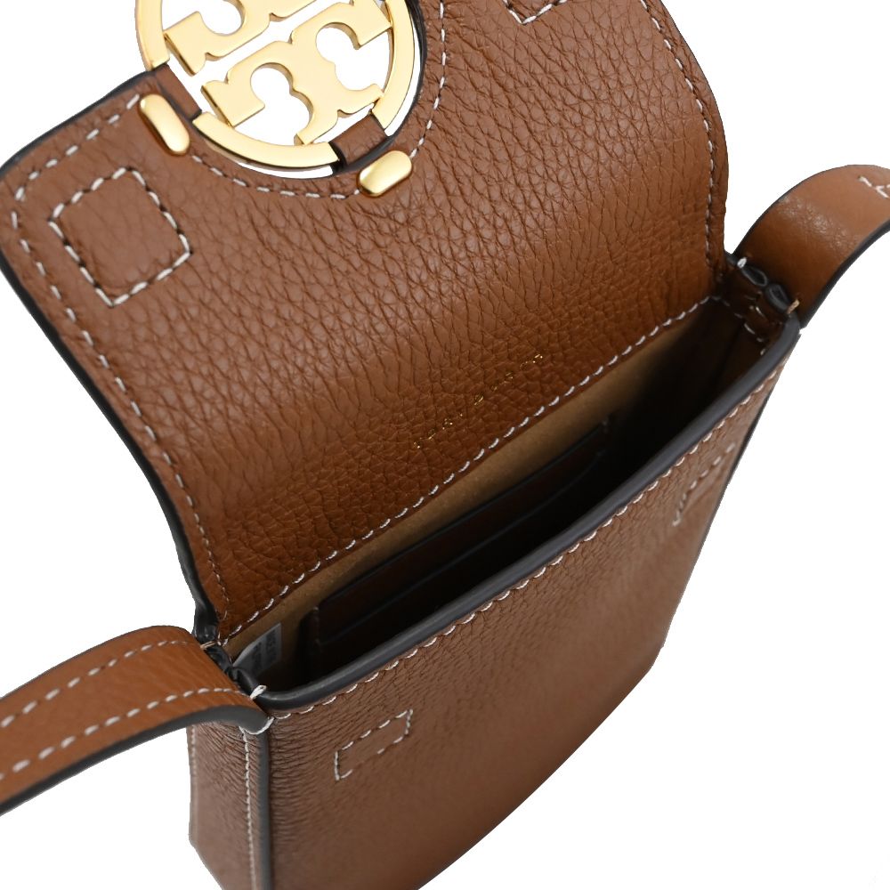 TORY BURCH 金屬LOGO翻蓋斜背手機包.咖