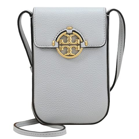 TORY BURCH 金屬LOGO翻蓋斜背手機包.淺灰