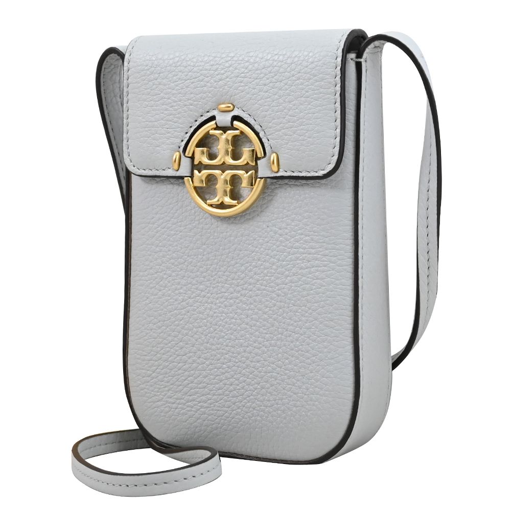 TORY BURCH 金屬LOGO翻蓋斜背手機包.淺灰