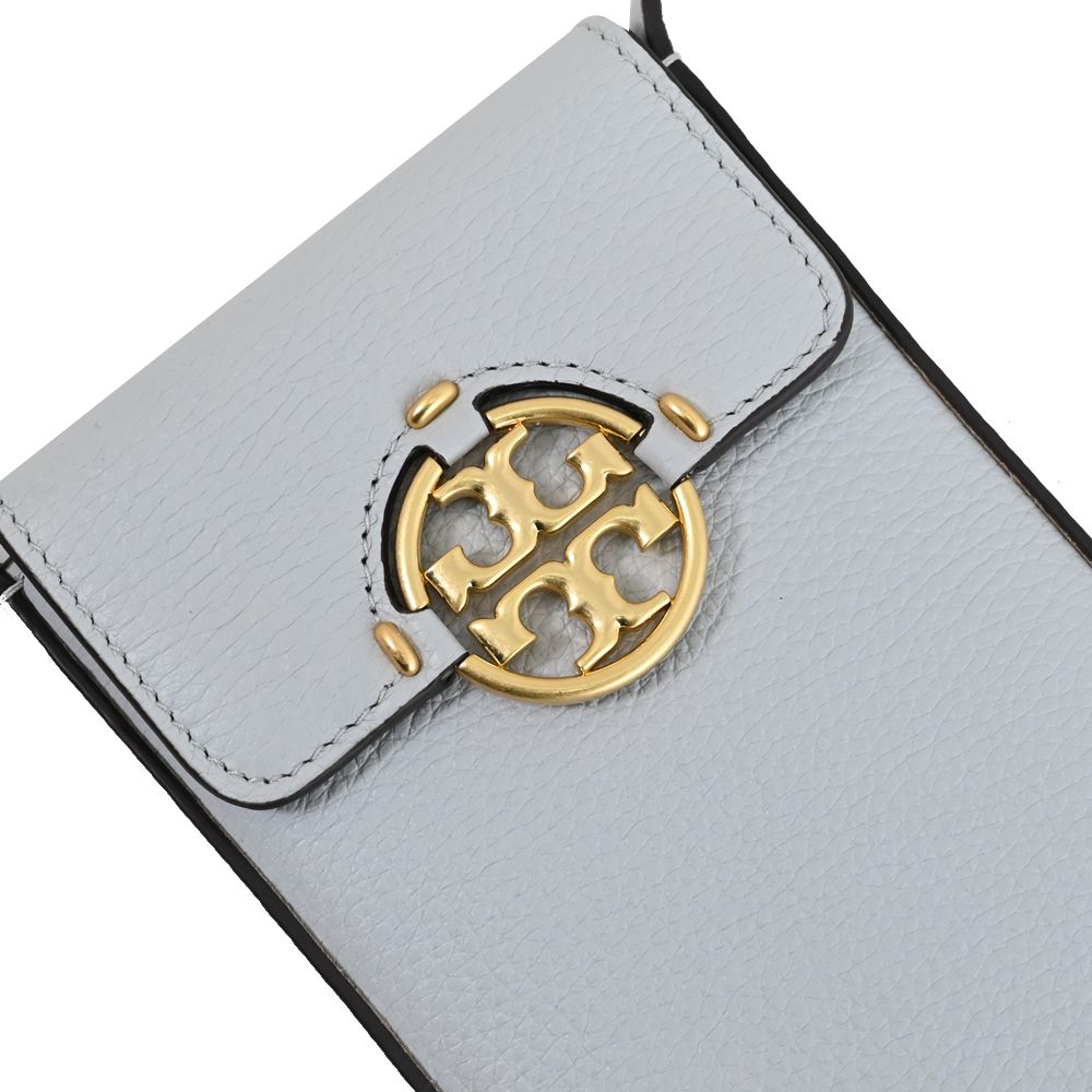 TORY BURCH 金屬LOGO翻蓋斜背手機包.淺灰