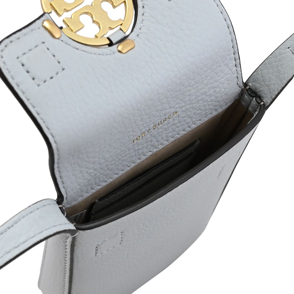 TORY BURCH 金屬LOGO翻蓋斜背手機包.淺灰