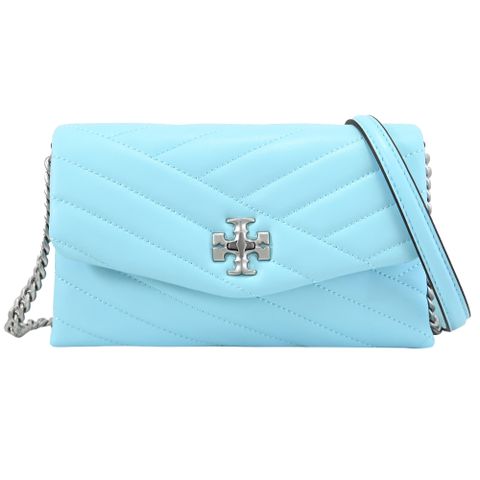 TORY BURCH 90343 經典LOGO絎縫轉釦斜背包.淺藍