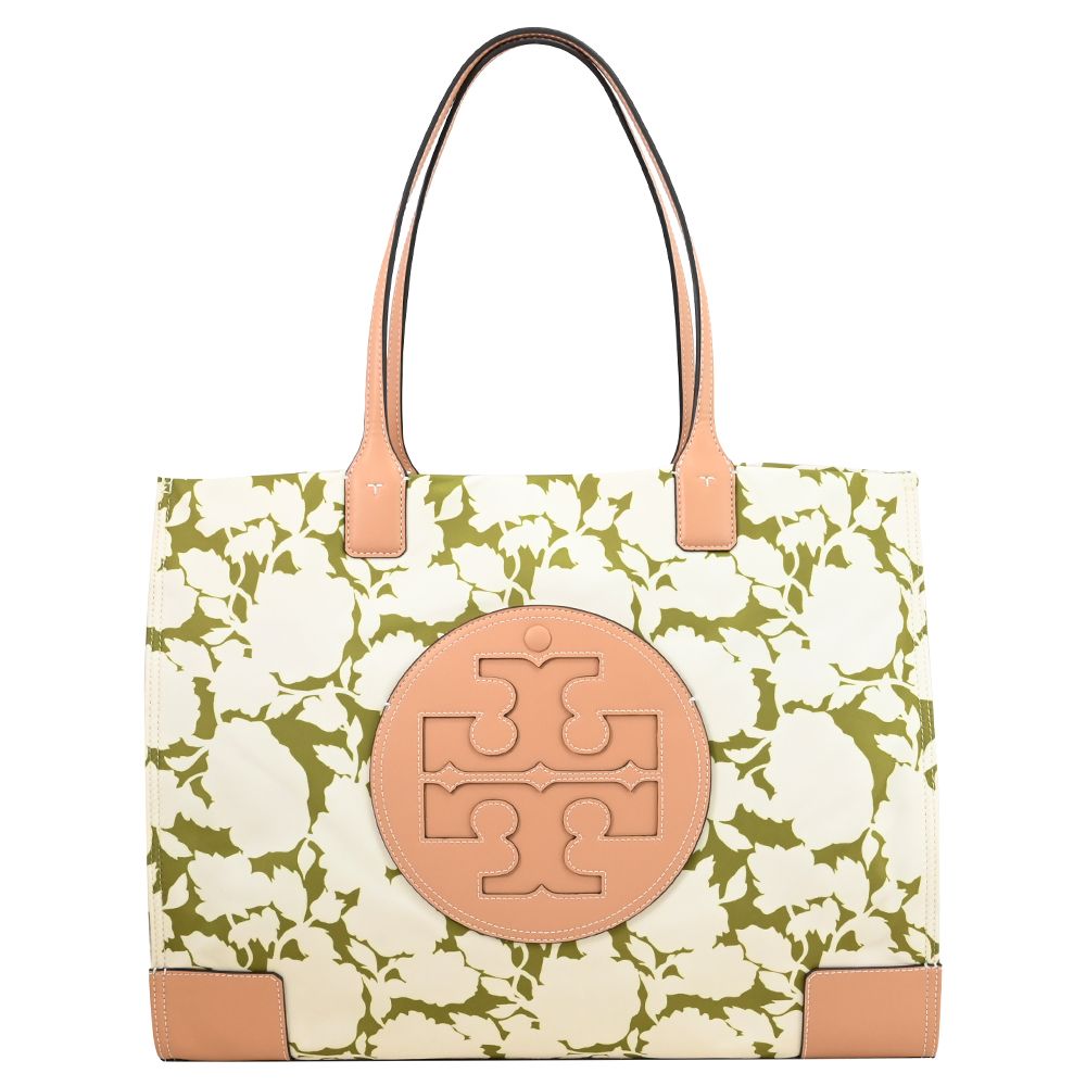 TORY BURCH 花卉圖樣皮邊飾大托特包.米/綠