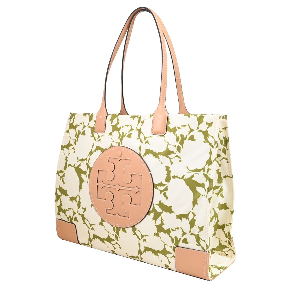 TORY BURCH 花卉圖樣皮邊飾大托特包.米/綠