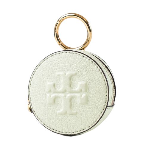 TORY BURCH THEA 浮雕LOGO荔枝紋圓型拉鍊零錢包-萊姆綠