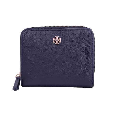 TORY BURCH Emerson金屬LOGO 防刮皮革拉鏈手拿短夾(深藍色)