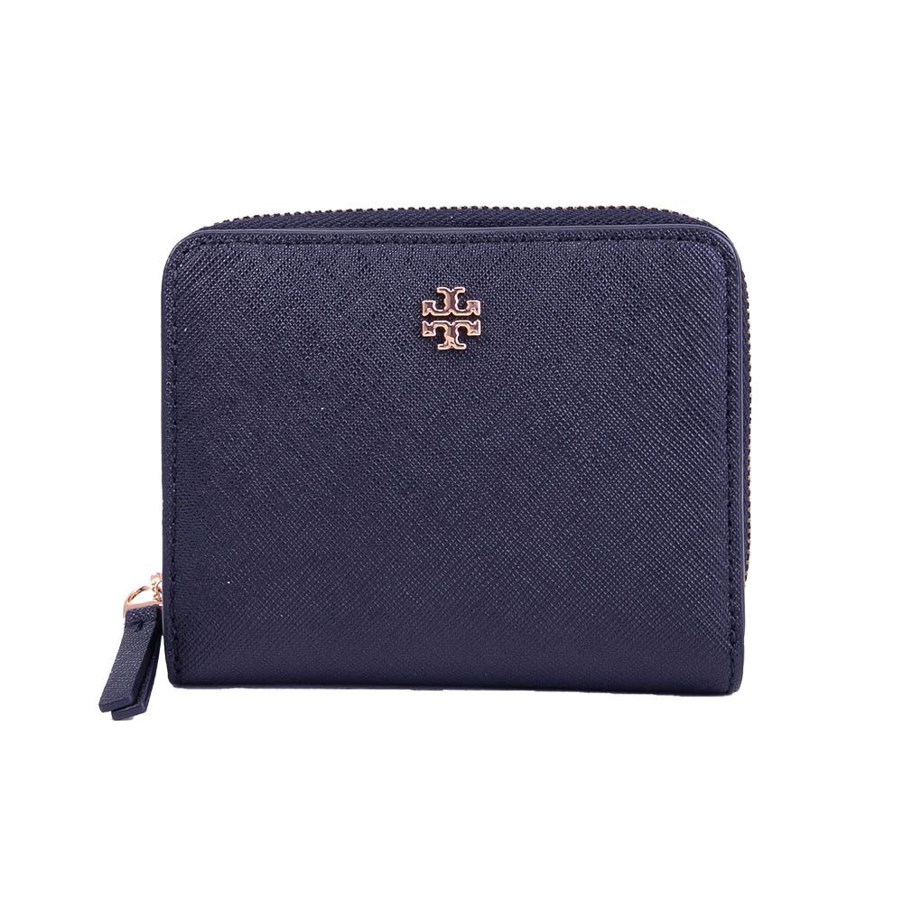 TORY BURCH  Emerson金屬LOGO 防刮皮革拉鏈手拿短夾(深藍色)