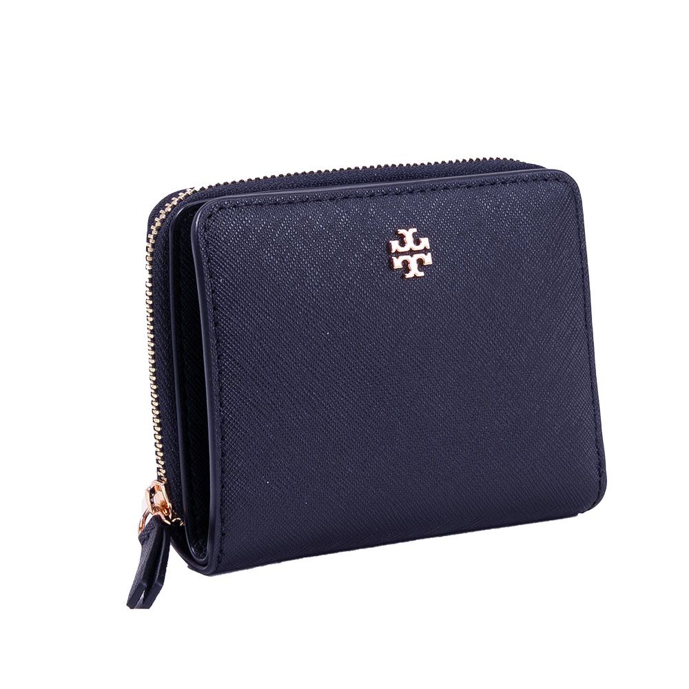 TORY BURCH  Emerson金屬LOGO 防刮皮革拉鏈手拿短夾(深藍色)