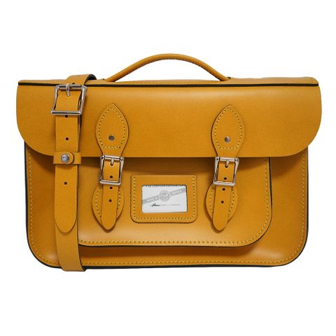 【The Leather Satchel Co.】14吋 英國手工牛皮劍橋包 手提包 肩背包 側肩包 後背包 多功能三用包 磁釦與皮帶固定環貼心設計 (芥黃)